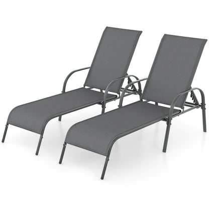 2 Pcs Outdoor Patio Lounge Chair Chaise Fabric with Adjustable Reclining Armrest