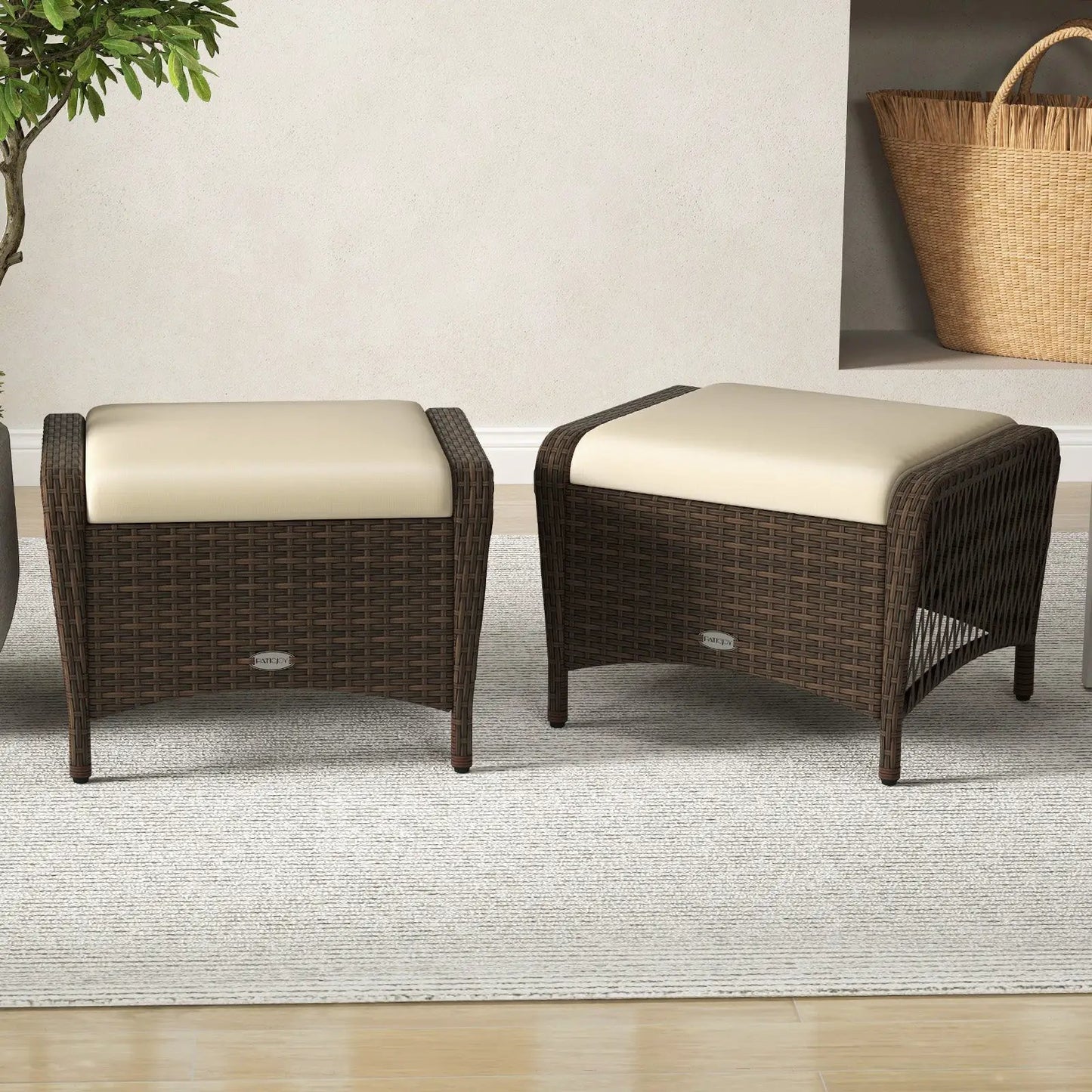 Set of 2 Outdoor PE Wicker Ottomans with Cushions