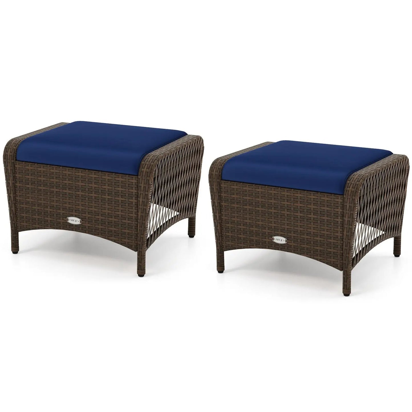 Set of 2 Outdoor PE Wicker Ottomans with Cushions