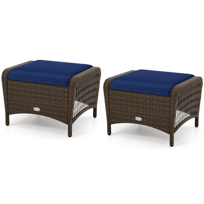 Set of 2 Outdoor PE Wicker Ottomans with Cushions