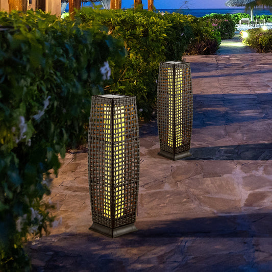 2 Pieces Solar-Powered Square Wicker Floor Lamps with Auto LED Light-Brown - Tampa Home & Garden Store