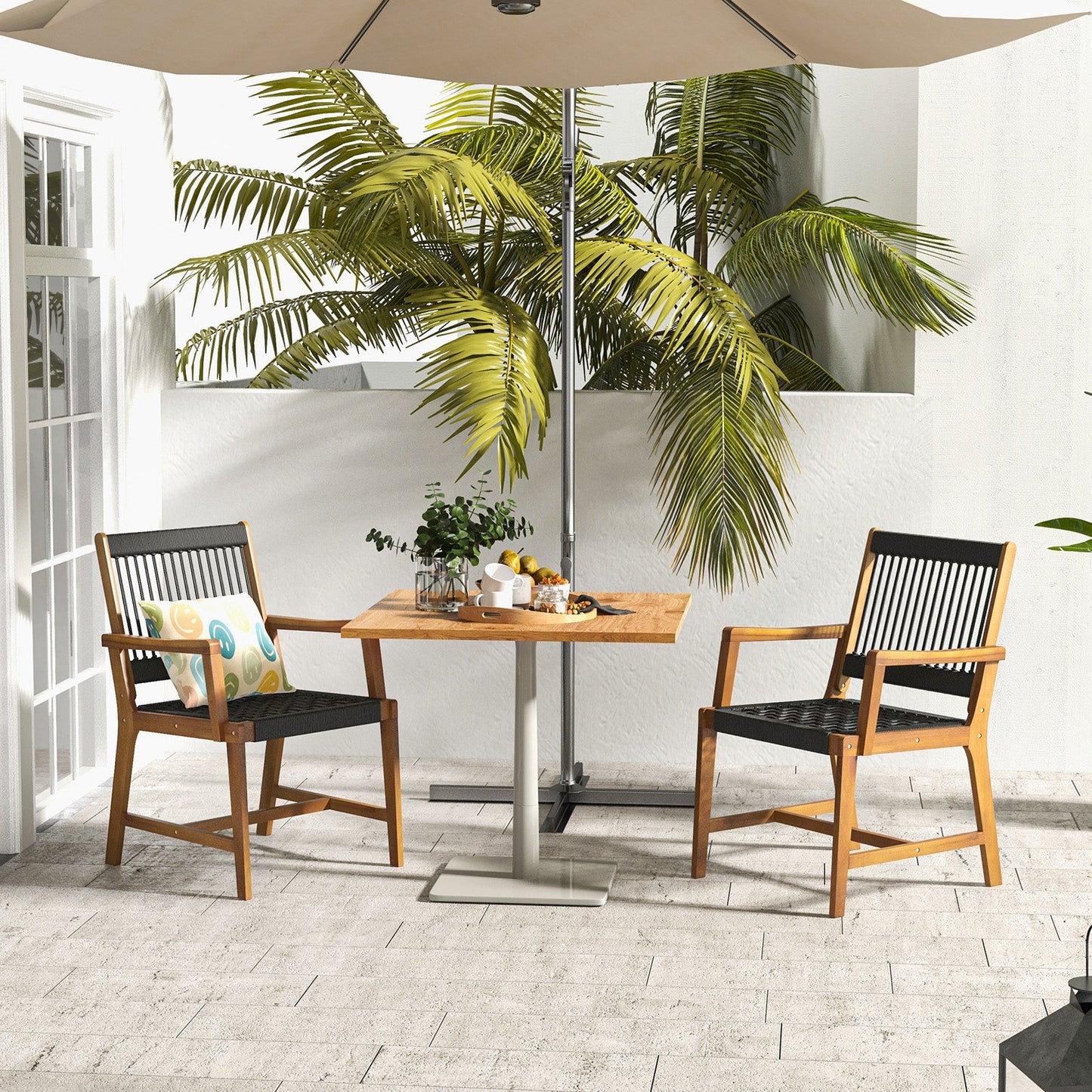 Juego de 2 sillas de comedor de madera de acacia con reposabrazos para patio y jardín