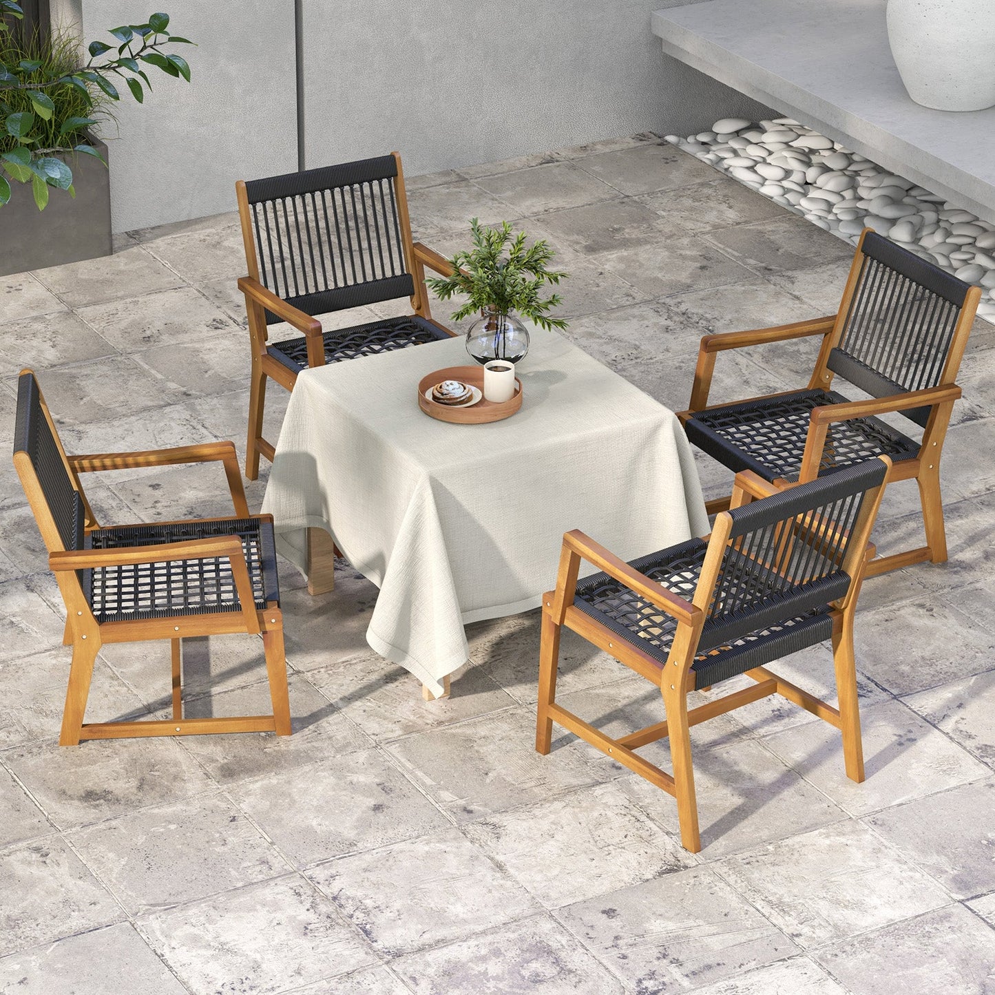 Juego de 2 sillas de comedor de madera de acacia con reposabrazos para patio y jardín