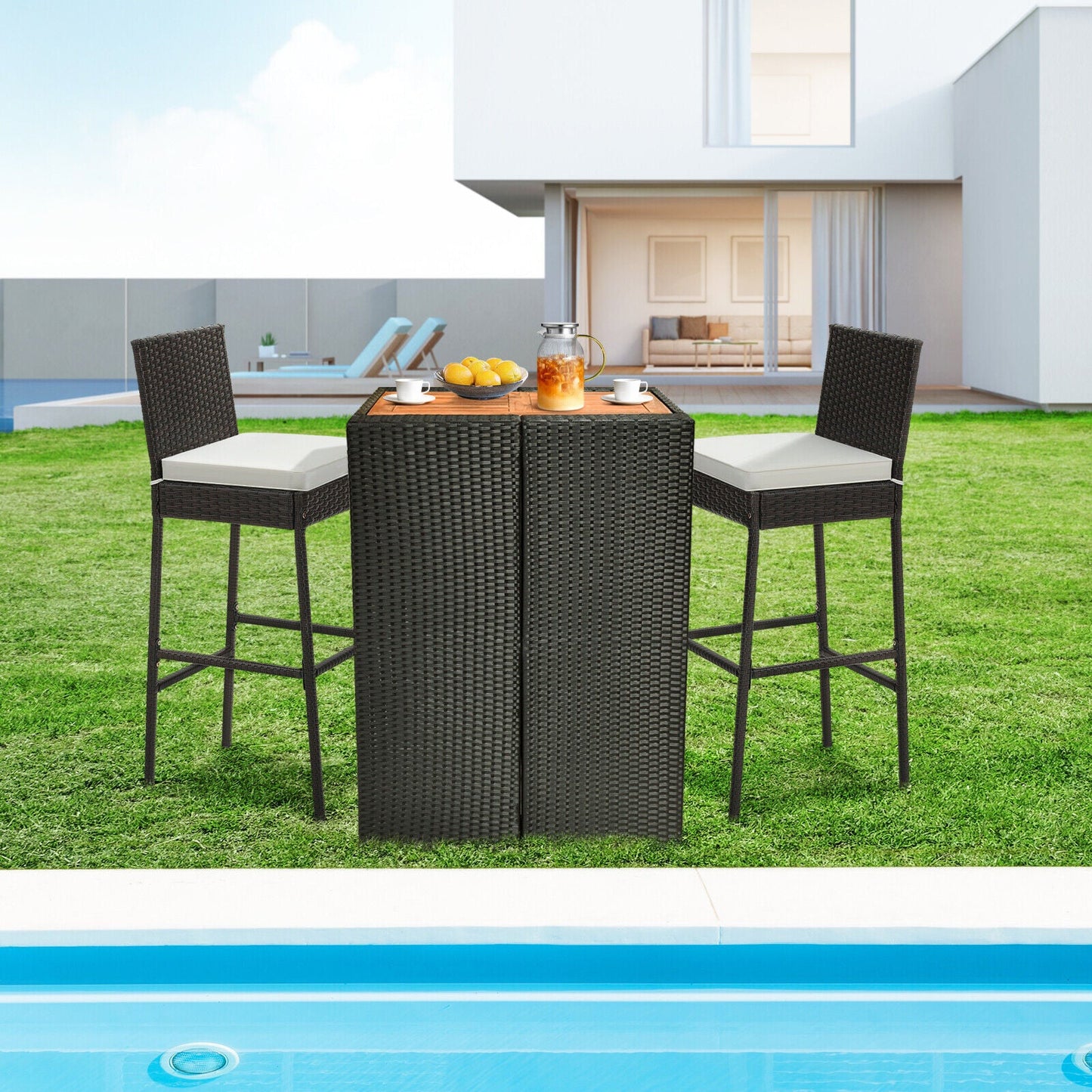 2 taburetes de bar de mimbre acolchados para patio con reposapiés cómodo - Juego de 2