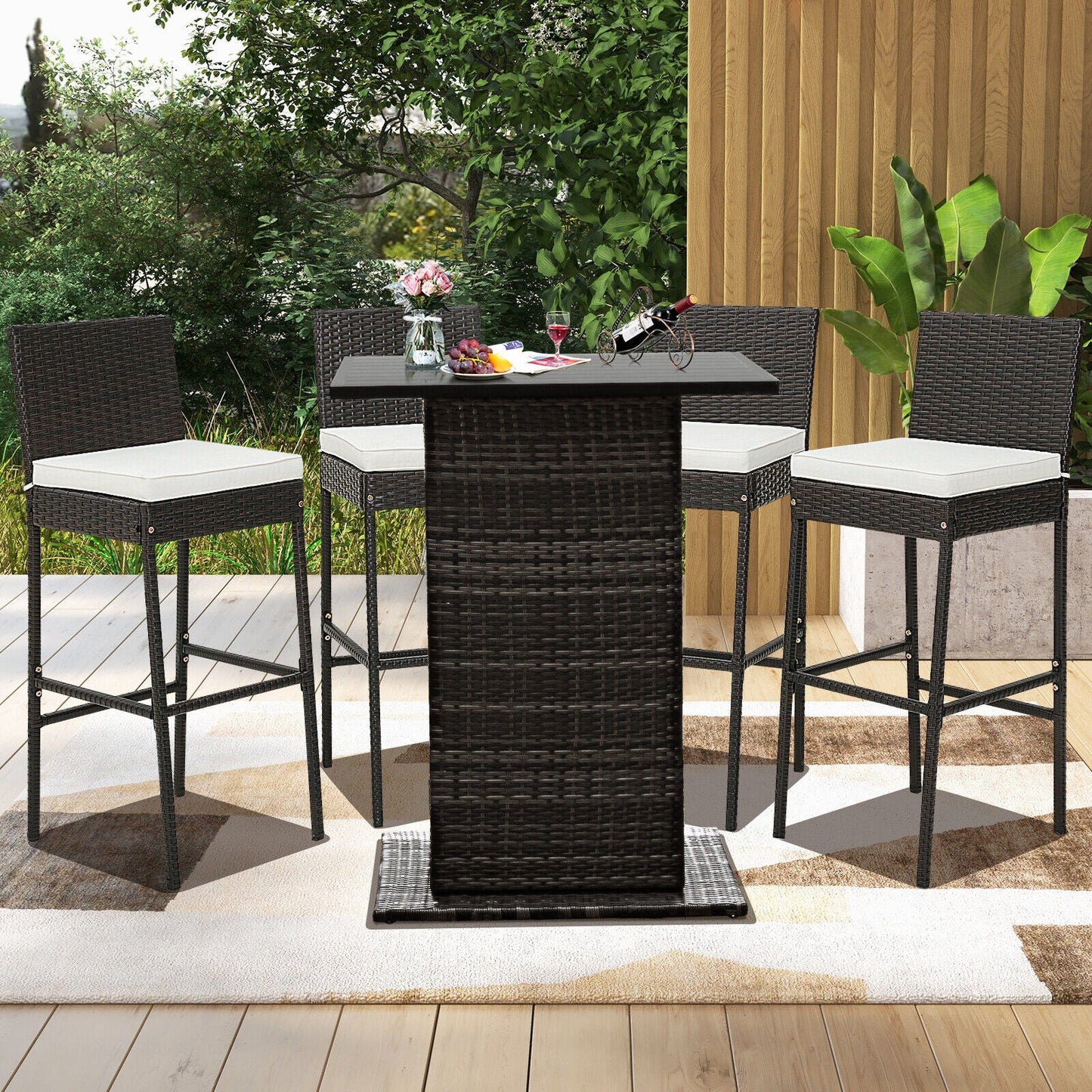 2 taburetes de bar de mimbre acolchados para patio con reposapiés cómodo - Juego de 2