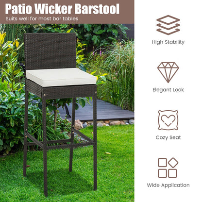 2 taburetes de bar de mimbre acolchados para patio con reposapiés cómodo - Juego de 2