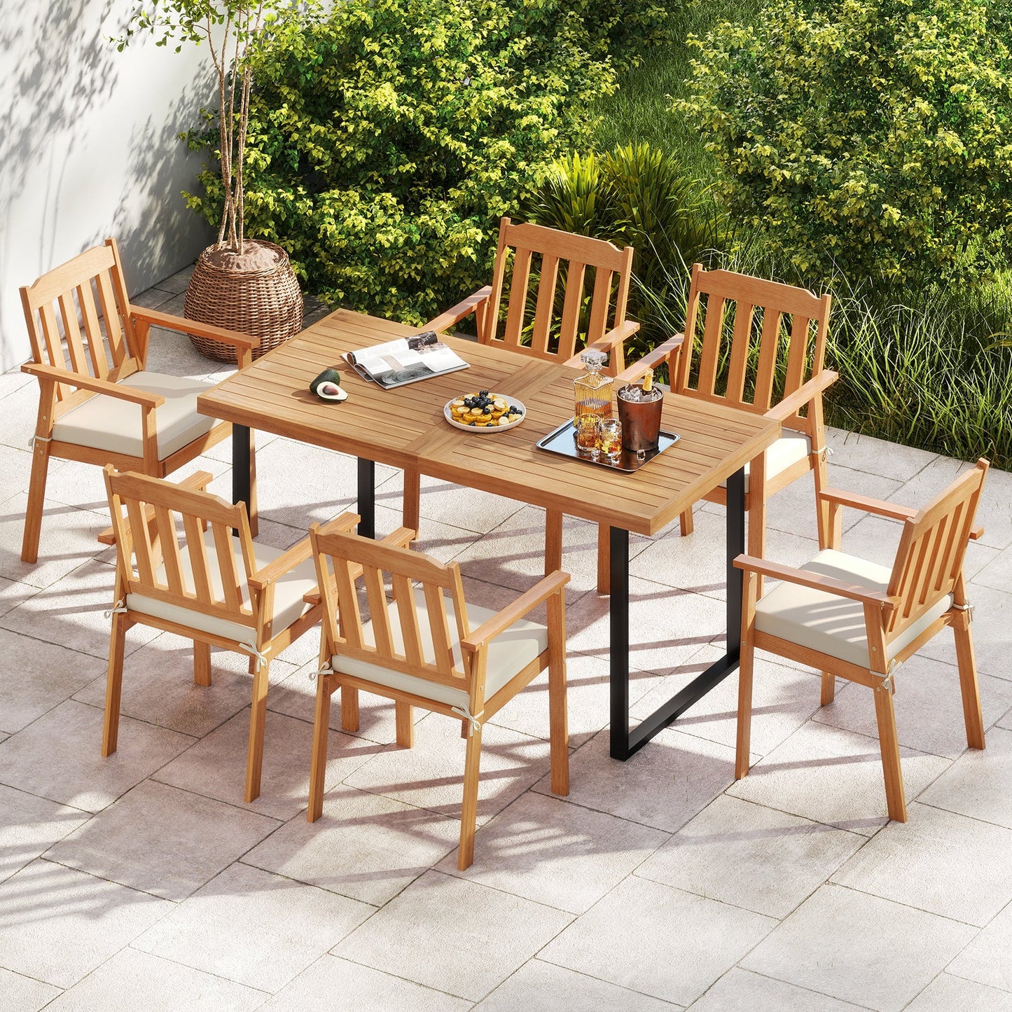 2 Pieces Patio Dining Chairs Outdoor Acacia Wood Chairs-White