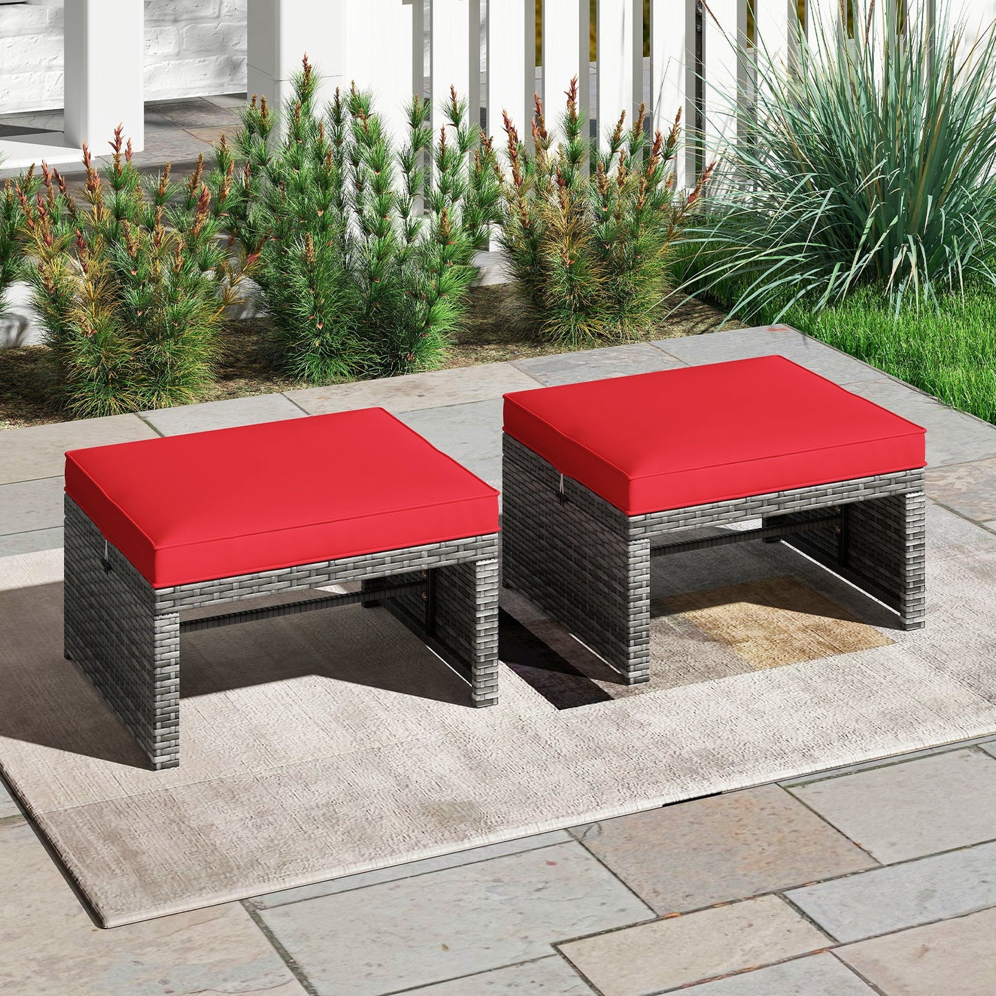 2 Otomanas de Mimbre PE para Patio con Cojines Suaves con Cremallera para Terraza - Rojo