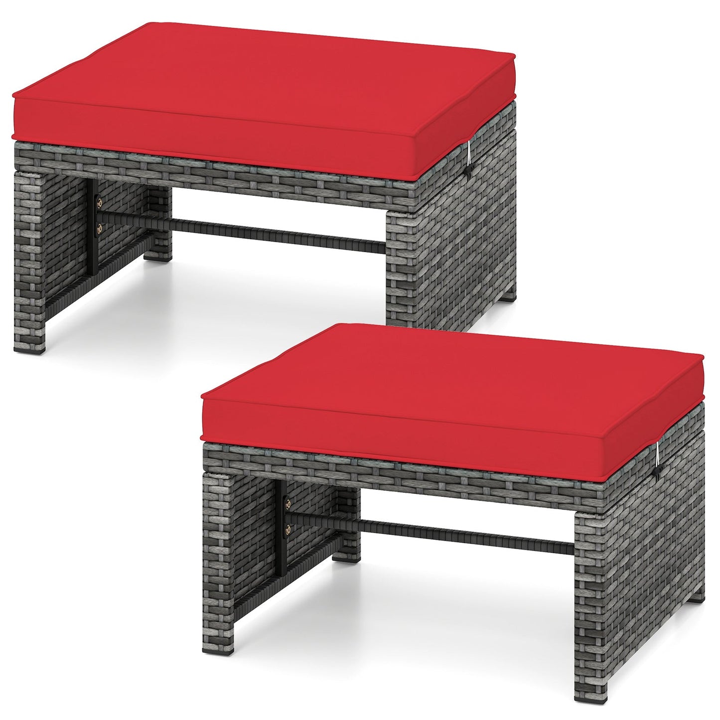 2 Otomanas de Mimbre PE para Patio con Cojines Suaves con Cremallera para Terraza - Rojo
