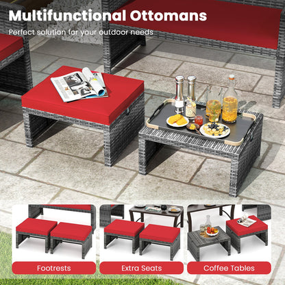2 Otomanas de Mimbre PE para Patio con Cojines Suaves con Cremallera para Terraza - Rojo
