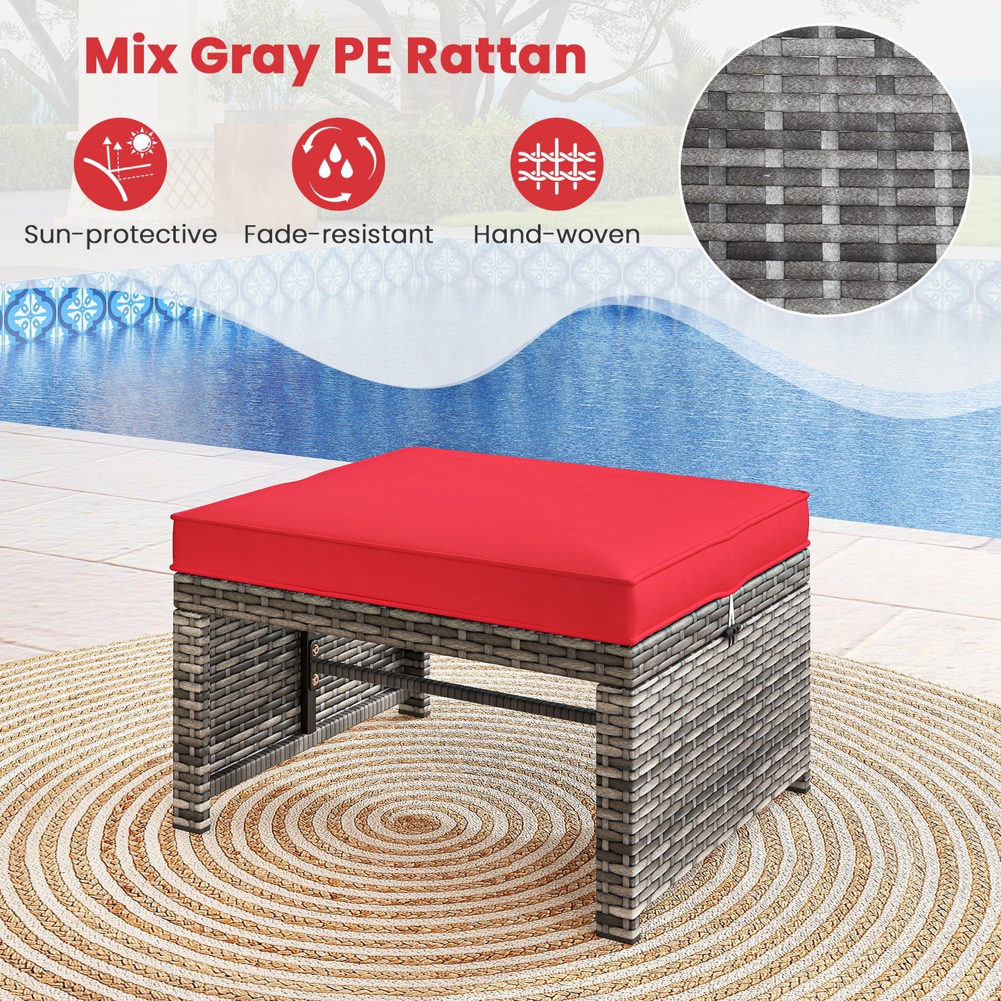 2 Otomanas de Mimbre PE para Patio con Cojines Suaves con Cremallera para Terraza - Rojo
