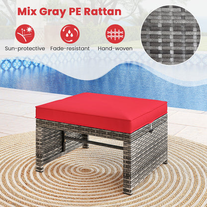 2 Otomanas de Mimbre PE para Patio con Cojines Suaves con Cremallera para Terraza - Rojo