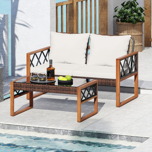 2 Pieces Patio PE Wicker Furniture Set Outside Conversation Set for Porch-White - Tampa Home & Garden Store