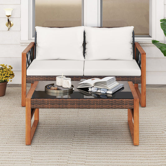 2 Pieces Patio PE Wicker Furniture Set Outside Conversation Set for Porch-White - Tampa Home & Garden Store