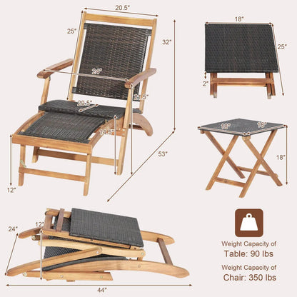 3 Piece Patio Rattan Folding Lounge Chair Set