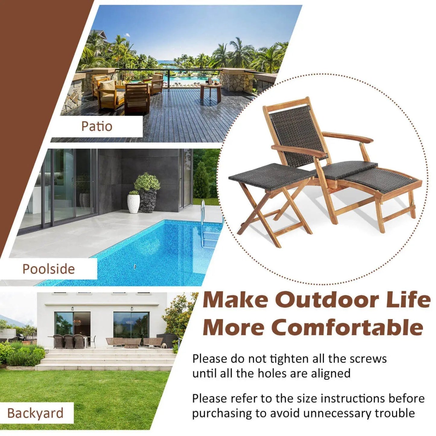 3 Piece Patio Rattan Folding Lounge Chair Set