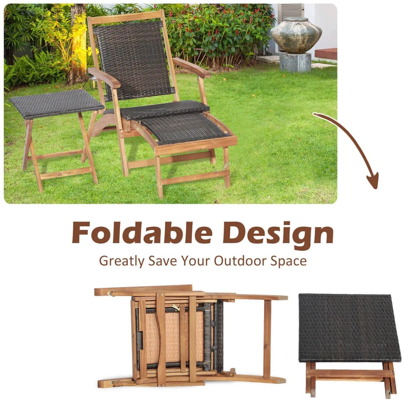 3 Piece Patio Rattan Folding Lounge Chair Set