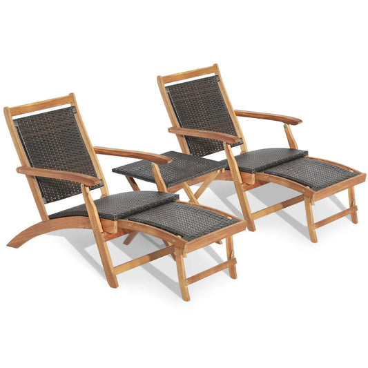 3 Piece Patio Rattan Folding Lounge Chair Set