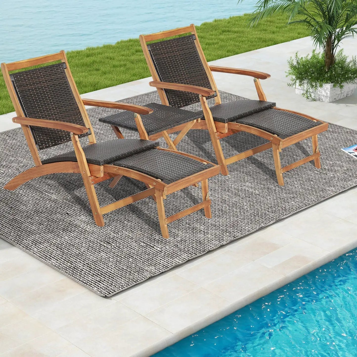 3 Piece Patio Rattan Folding Lounge Chair Set