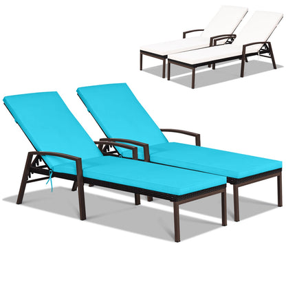 2 Pieces Patio Rattan Adjustable Back Lounge Chair with Armrest and Removable Cushions-Red