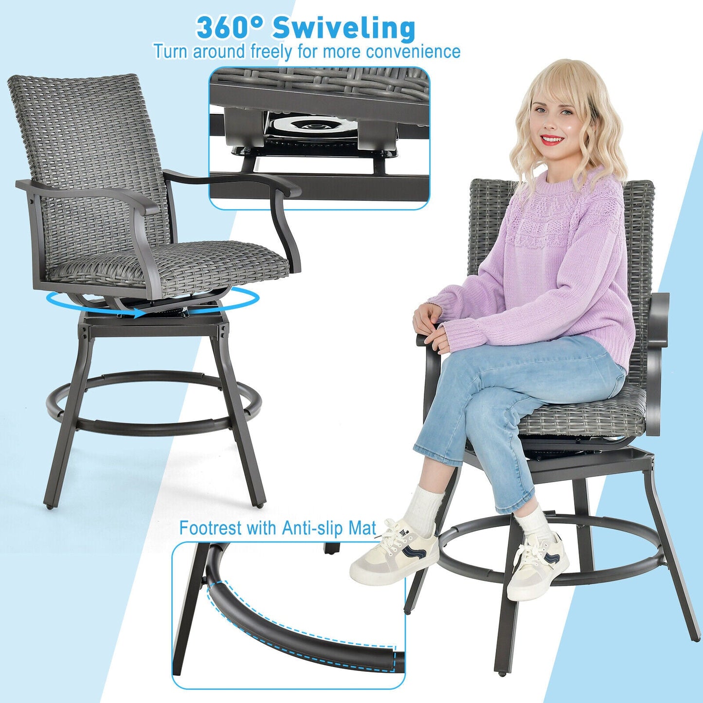 2 Pieces Patio Swivel Bar Chair Set with Quick Dry 4D Air Fiber Cushion