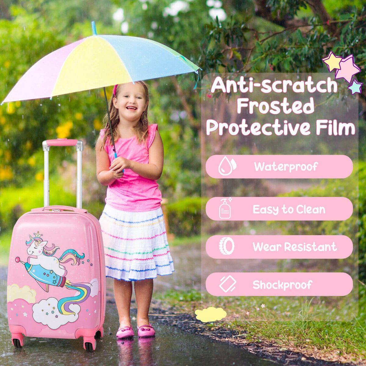 GemGear pink 18-inch kids luggage with unicorn artwork and wheels on Tampa Home & Garden Store