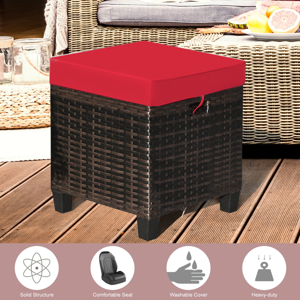 Juego de otomana de ratán para patio de 2 piezas con cojines extraíbles - Beige