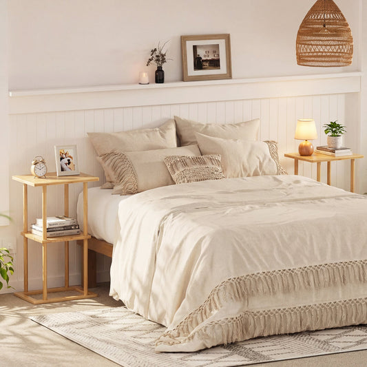 2 Pieces Side Table with Storage Shelves and Bamboo Construction-Natural - Tampa Home & Garden Store