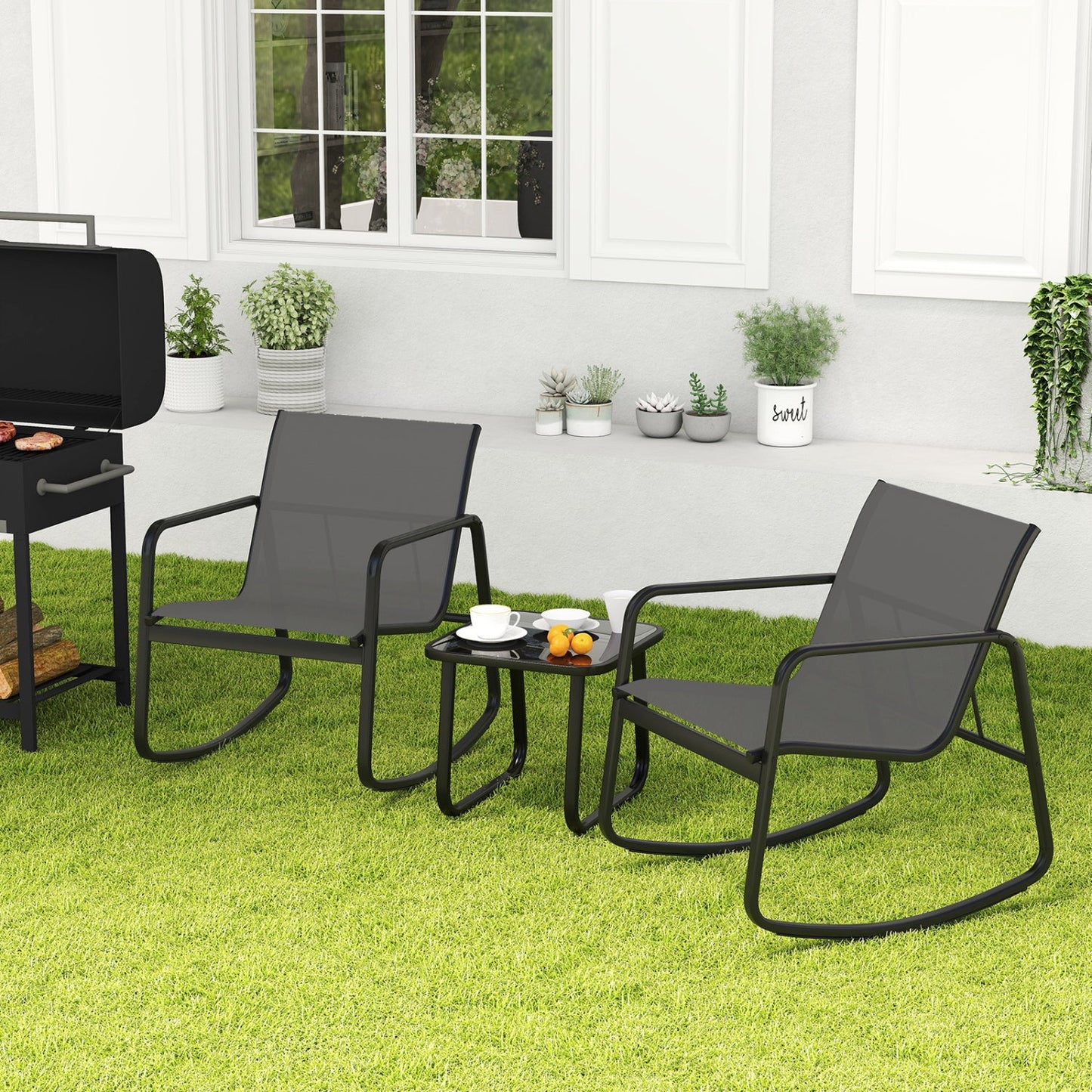 3-Piece Rocking Bistro Set with Glass Table DirectDeals 2 gray mesh chairs with black metal frame on Tampa Home & Garden Store