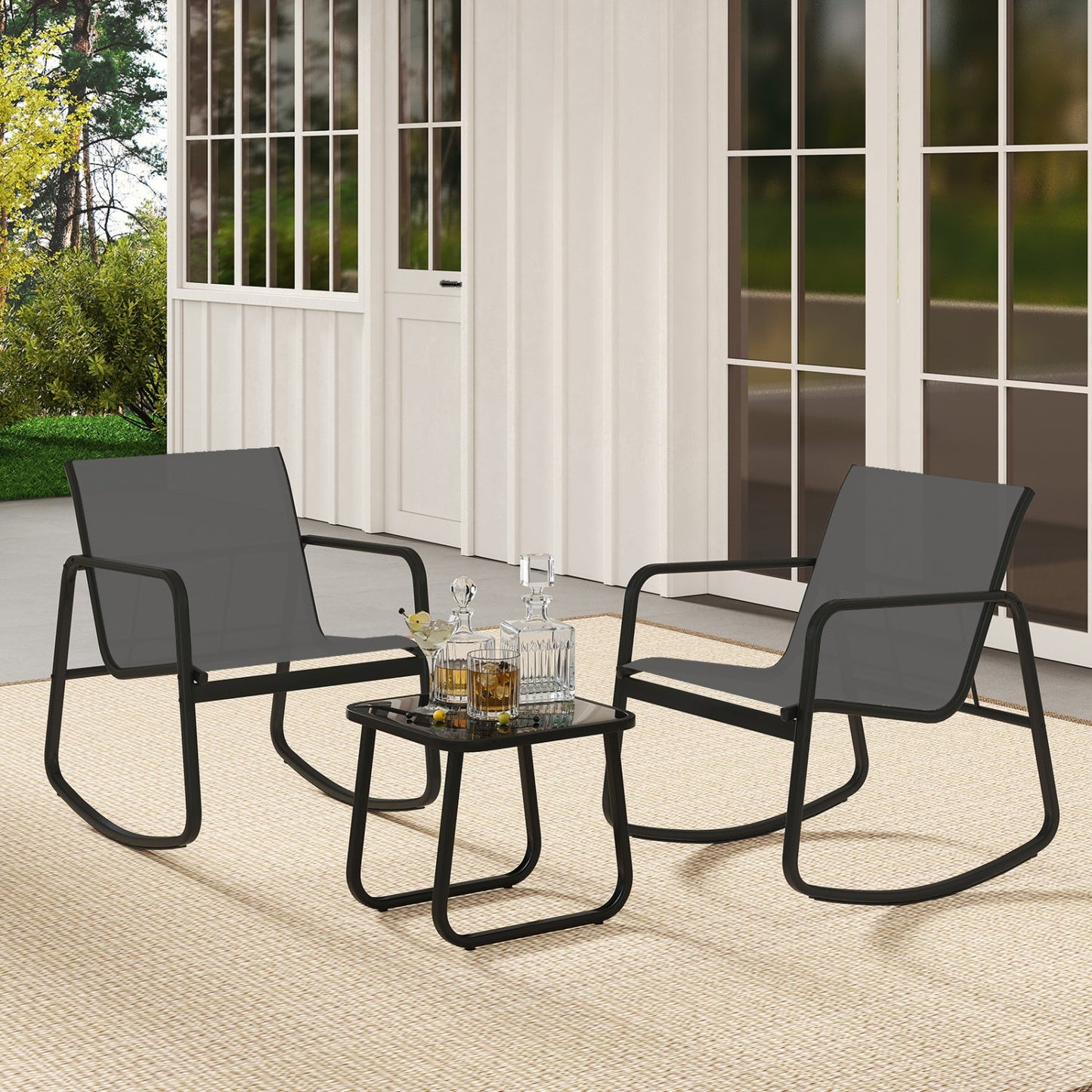 DirectDeals 3-Piece Rocking Bistro Set with glass table, 2 black-framed gray mesh chairs on Tampa Home & Garden Store