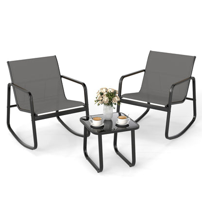 3-Piece Rocking Bistro Set with Glass Patio Table in grey mesh, two rocking chairs, DirectDeals on Tampa Home & Garden Store