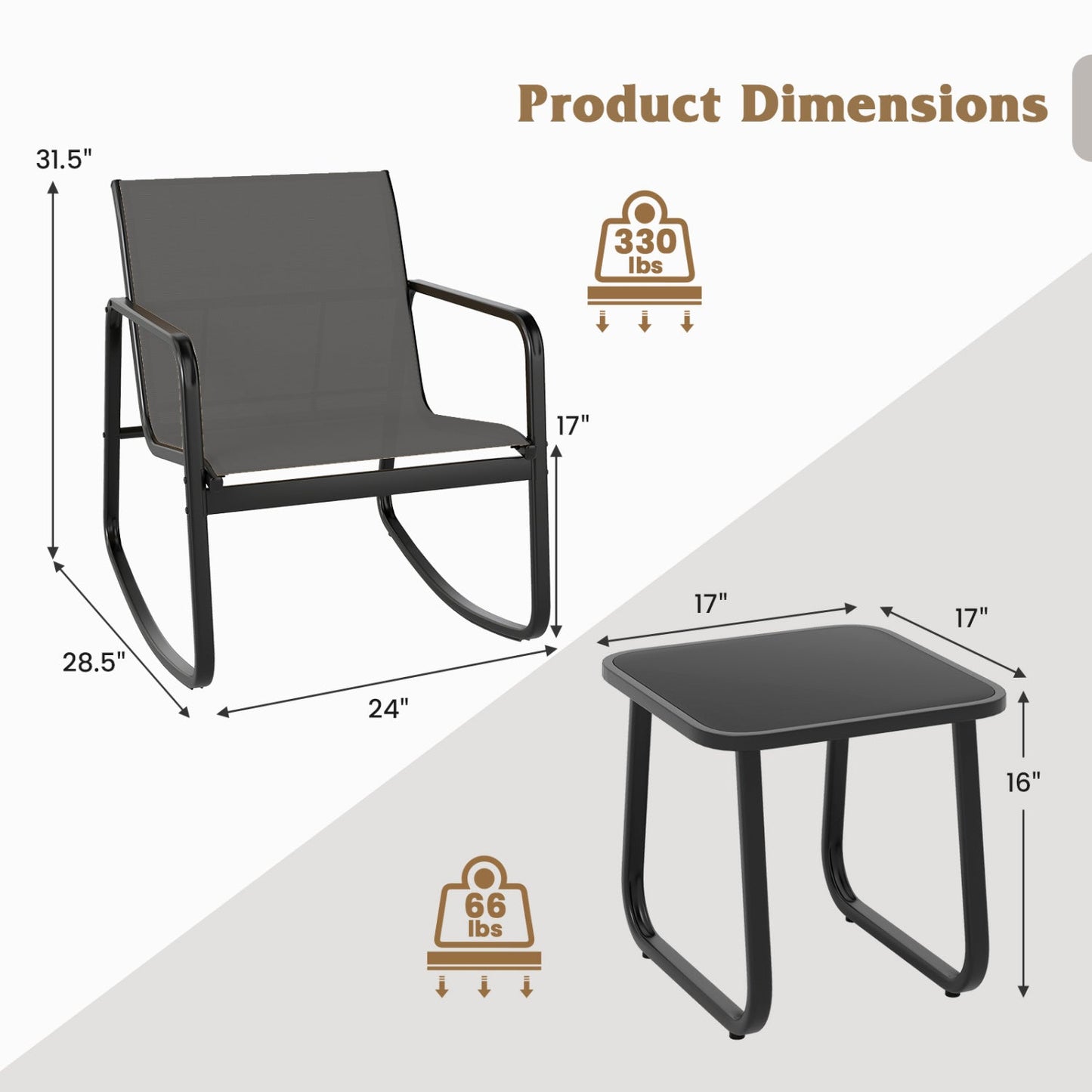 DirectDeals 3-Piece Rocking Bistro Set Glass Table for Patio gray mesh chair and black frame on Tampa Home & Garden Store