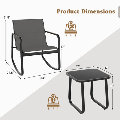 DirectDeals 3-Piece Rocking Bistro Set Glass Table for Patio gray mesh chair and black frame on Tampa Home & Garden Store