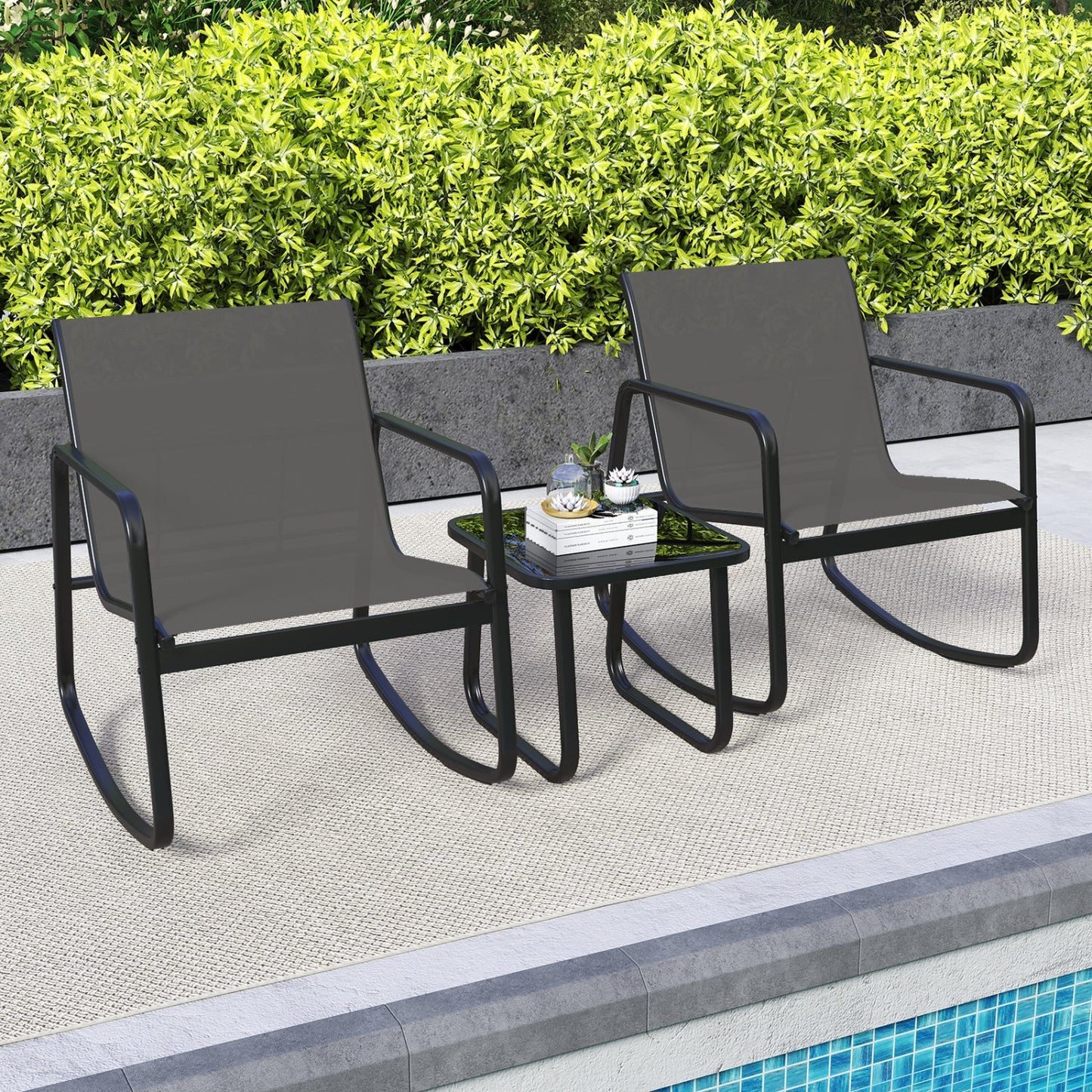 3-Piece Rocking Bistro Patio Set with Glass Table, two gray mesh chairs with black frames on Tampa Home & Garden Store