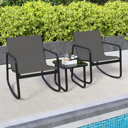 3-Piece Rocking Bistro Patio Set with Glass Table, two gray mesh chairs with black frames on Tampa Home & Garden Store