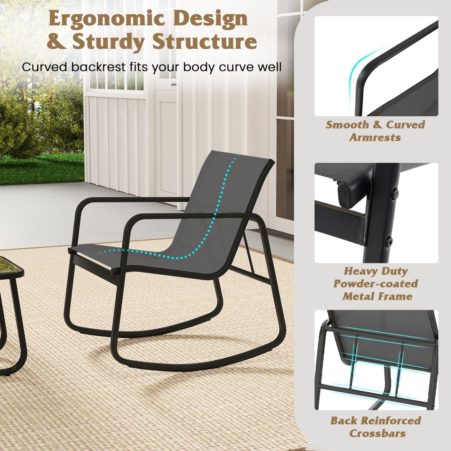 3-Piece Rocking Bistro Patio Set with glass-top table in black powder-coated metal frame on Tampa Home & Garden Store