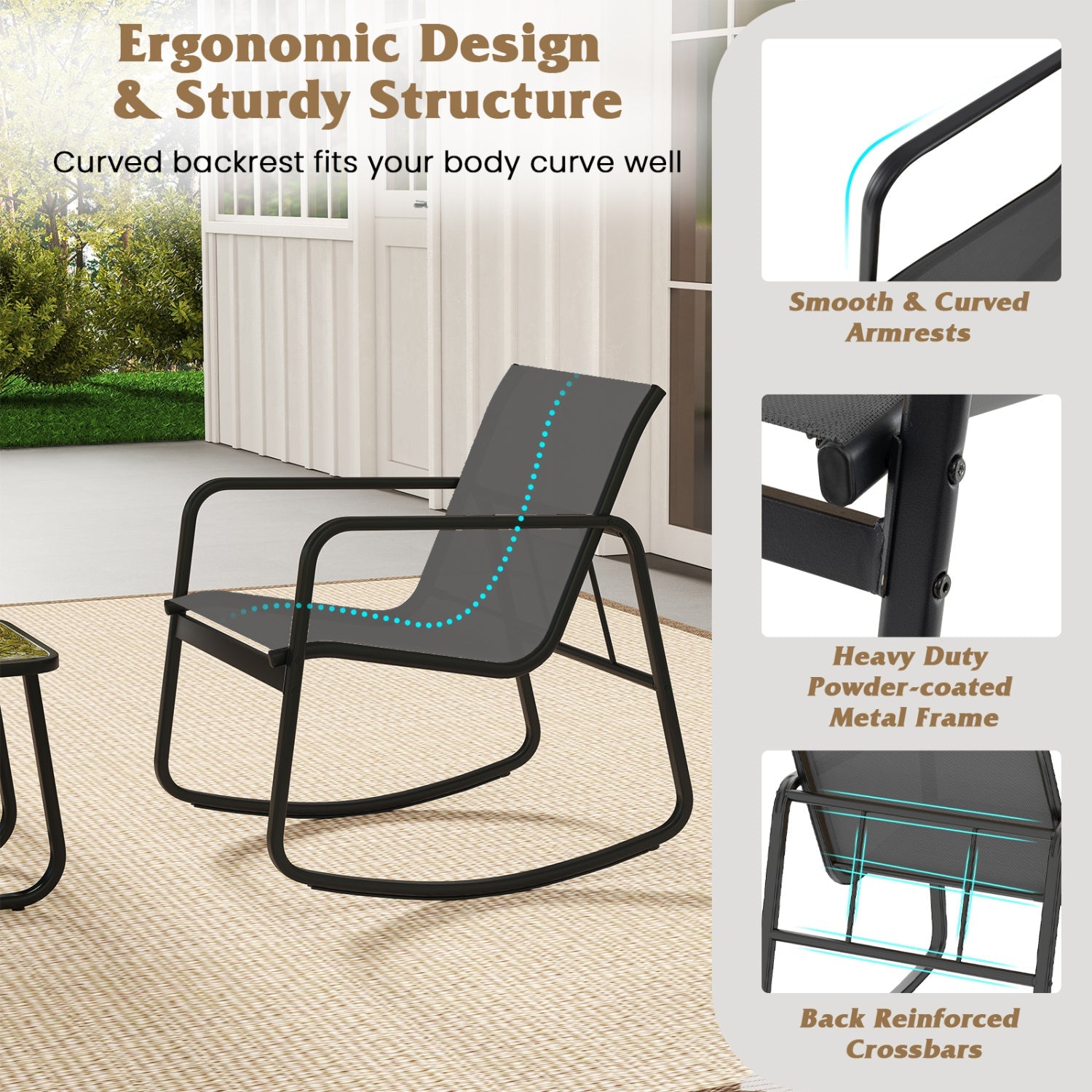 3-Piece Rocking Bistro Patio Set with glass-top table in black powder-coated metal frame on Tampa Home & Garden Store