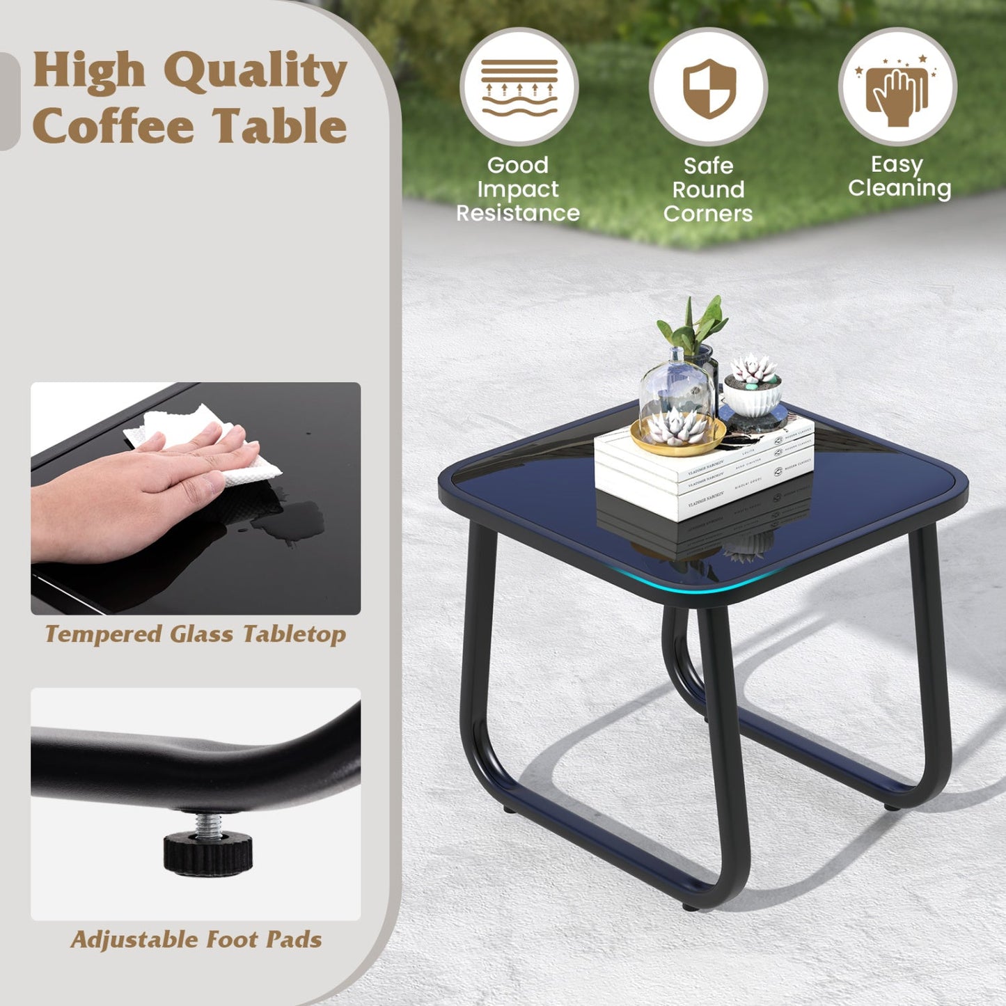 3-Piece Rocking Patio Bistro Set with glass table, dark blue frame on Tampa Home & Garden Store