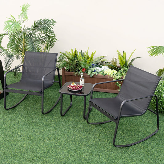 2 Rocking Bistro Chairs and Glass-Top Table for Porch Yard Balcony-Black - Tampa Home & Garden Store