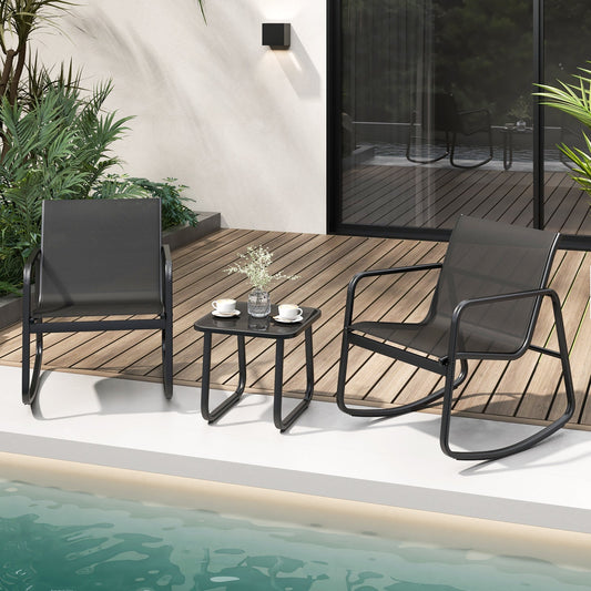 2 Rocking Bistro Chairs and Glass-Top Table for Porch Yard Balcony-Black - Tampa Home & Garden Store