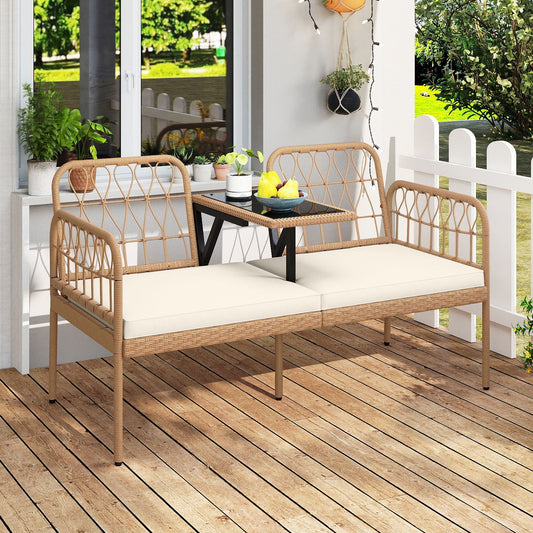 2-Seat PE Rattan Outdoor Loveseat with Built-in Coffee Table and Soft Cushions-White - Tampa Home & Garden Store