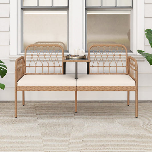 2-Seat PE Rattan Outdoor Loveseat with Built-in Coffee Table and Soft Cushions-White - Tampa Home & Garden Store