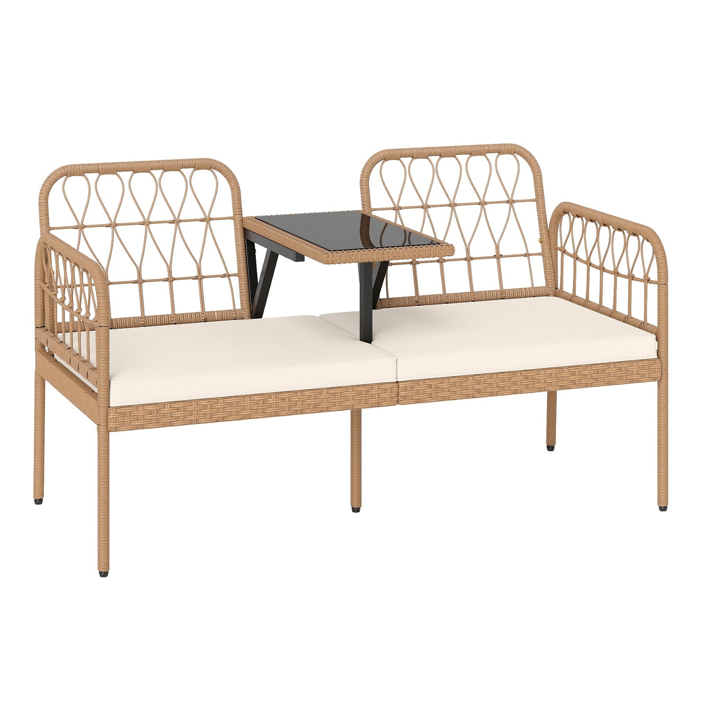 2-Seat PE Rattan Outdoor Loveseat with Built-in Coffee Table and Soft Cushions-White