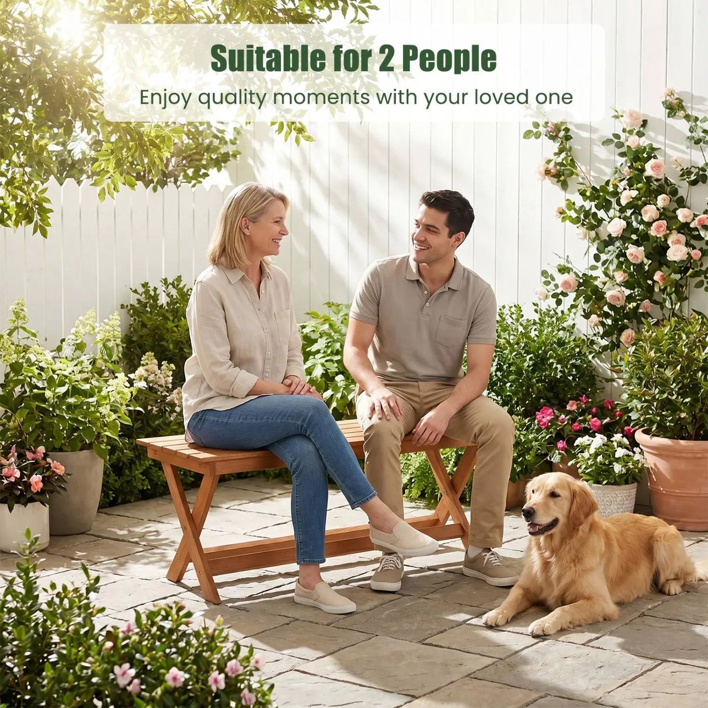 Two Seat Wooden Patio Bench with X Shaped Legs