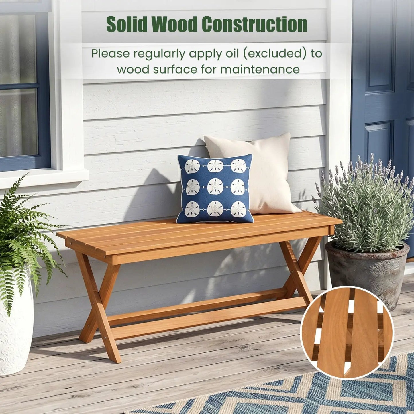 Two Seat Wooden Patio Bench with X Shaped Legs
