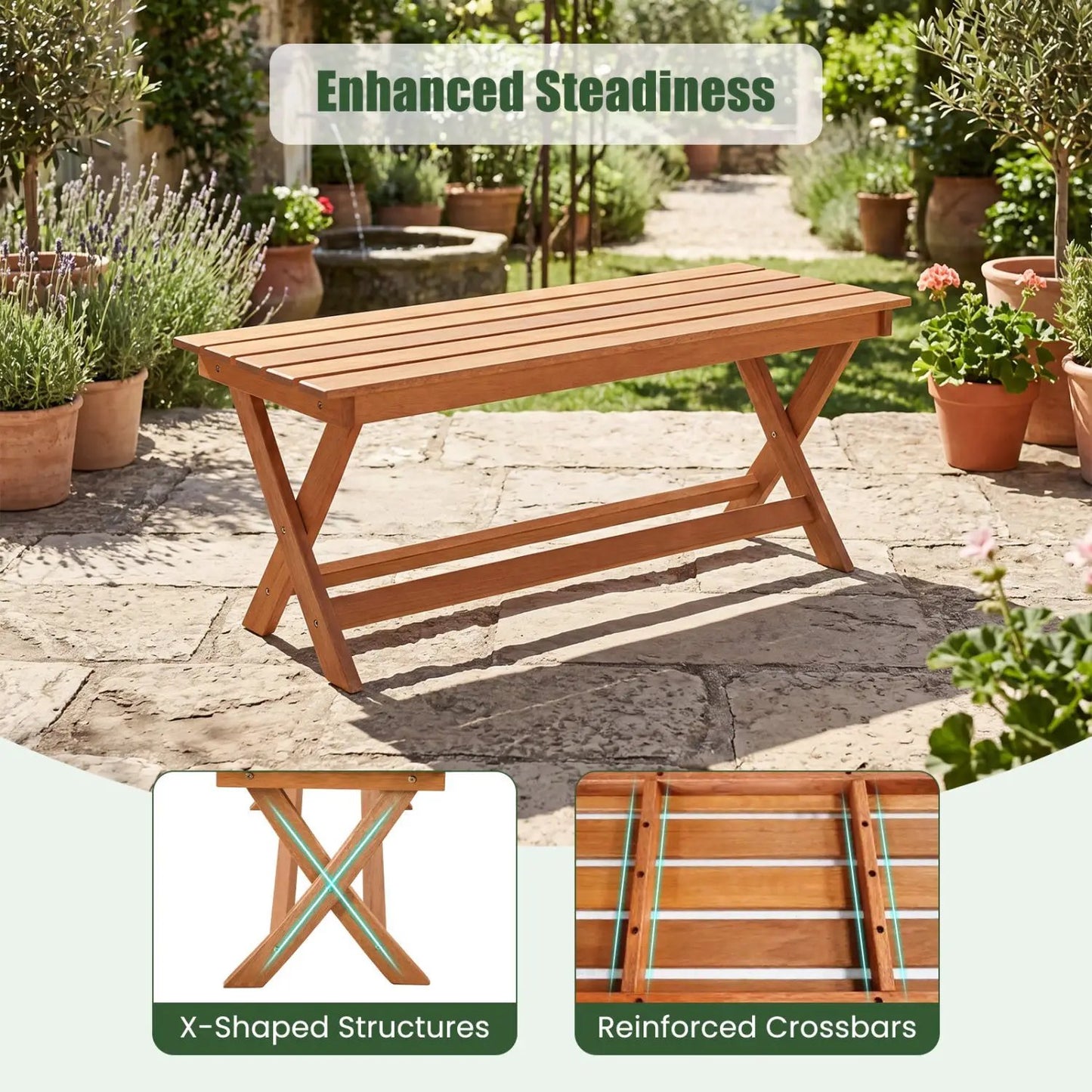 Two Seat Wooden Patio Bench with X Shaped Legs