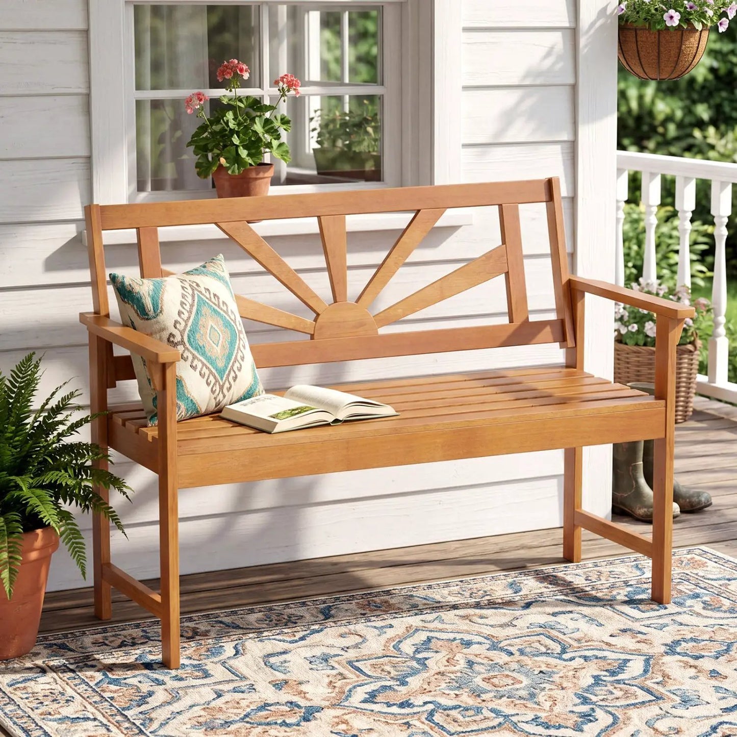 Two Seater Acacia Wood Loveseat Bench Backrest