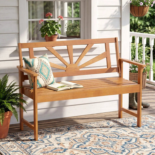 2-Seater acacia wood outdoor loveseat bench with backrest natural brown finish on Tampa Home & Garden Store