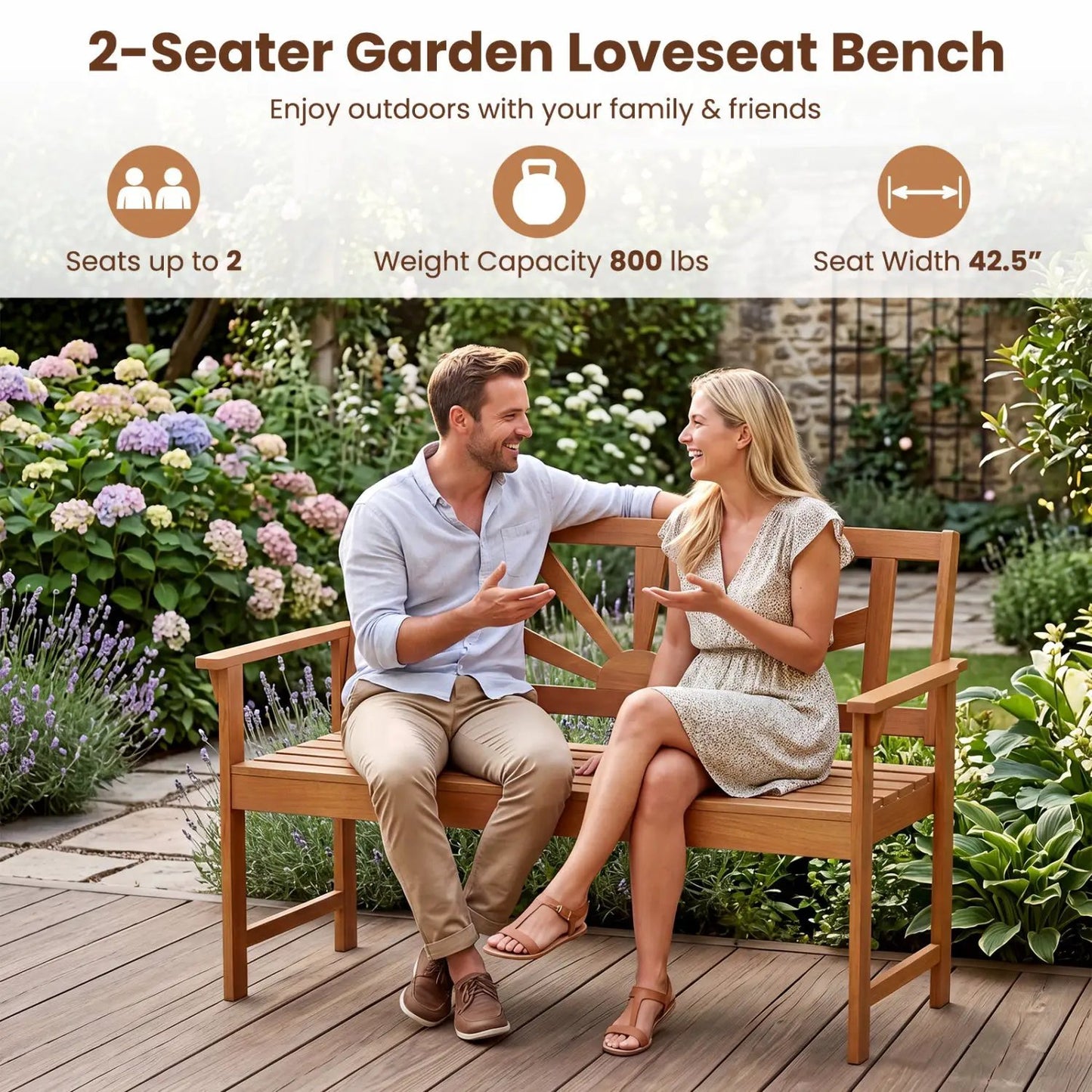 Two Seater Acacia Wood Loveseat Bench Backrest