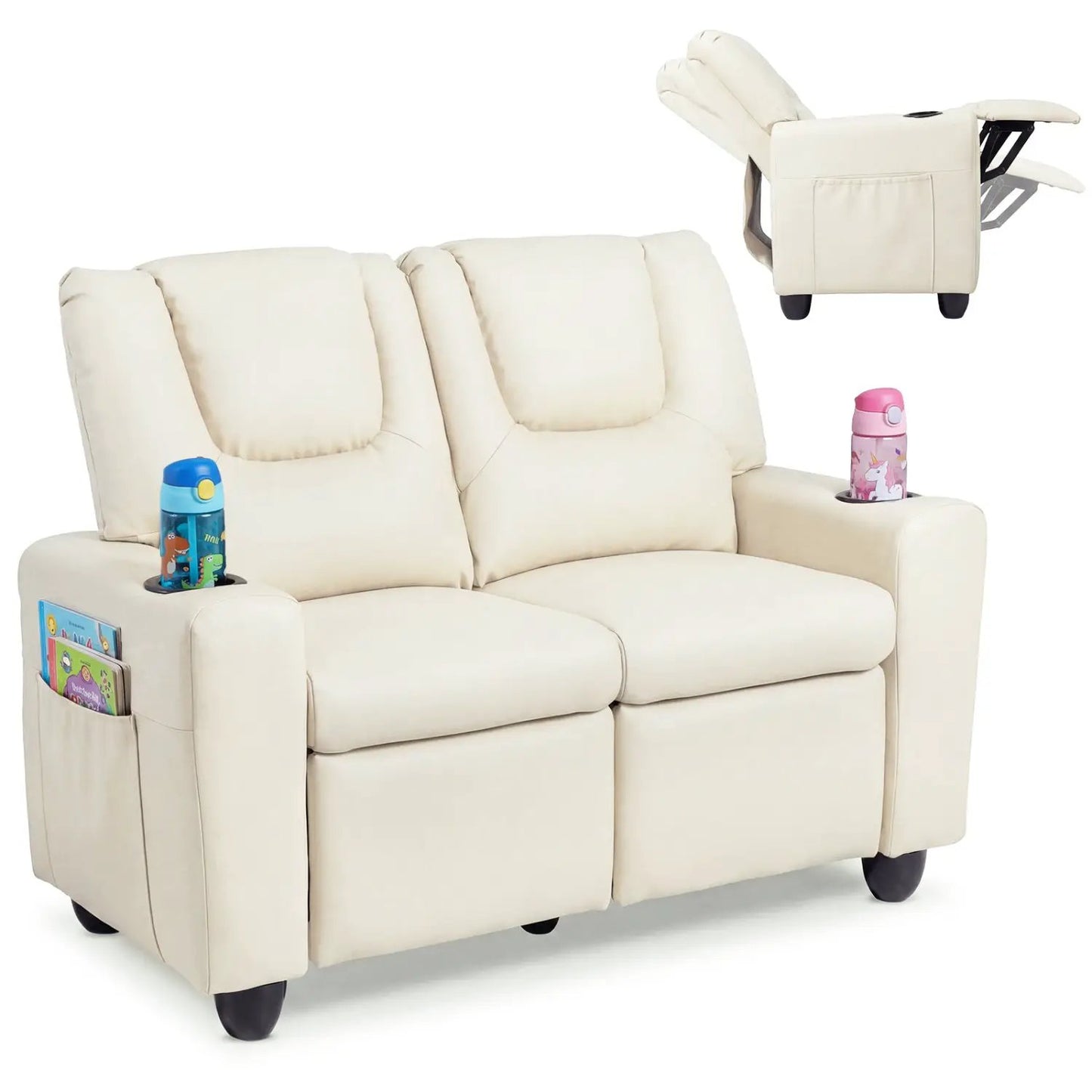 Two Seater Kids Recliner Sofa With 2 Cup Holders